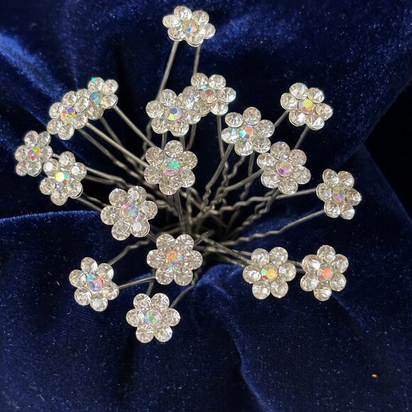 Rhinestone Florets Silver Color Metal Hairpins set of 18 - Picture 2 of 8